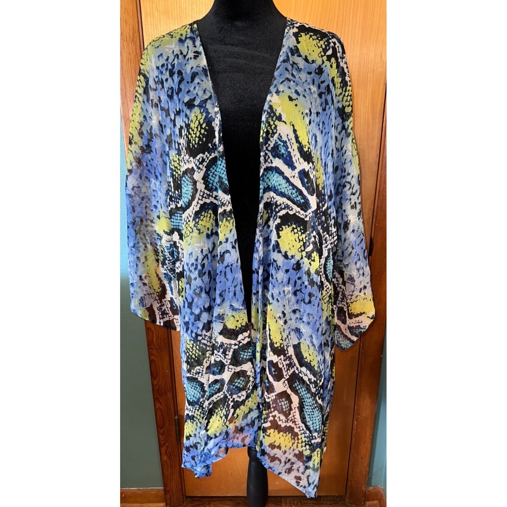 Steve Madden Blue‎ Yellow Snakeskin Print Sheer Chiffon Kimono Duster One Size